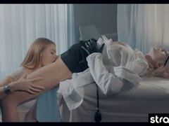 Check out cute lesbian Bree Haze getting pounded from behind with a strap-on while rocking high heels and nylons