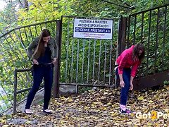 River's kinky public pissing game with her brunette friend Friends