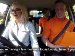 British blonde with big boobs gets a hard tugging from her driver before squirting in a car