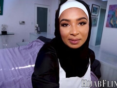 My Hijab wearing coworker Babi Star is getting used to sucking my cock and fucking hard