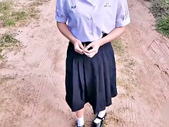 Aziatisch, Buiten, Openbaar, Student, Lerarin, Thais, Uniformpje, Onder de rok