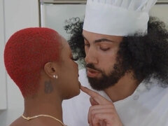 James Angel enjoys the busty babe Deja Marie in the kitchen