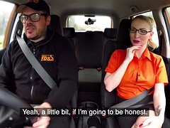 Busty blowjob MILF fucks her student driver outdoors in the car
