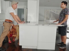 White haired mommy with big saggy tits seduces a plumber with big tool