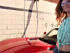 Pijpbeurt, Auto, Gezichtspunt, Roodharige vrouw, Tieten likken