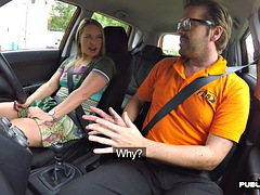 Big slut fucked by instructor outdoors in car in public