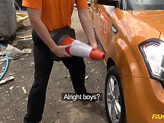 British blonde bombshell Posh with perfect tits takes it all in a car - POV cumshot