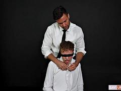 Blindfolded young lad tastes cock and gets fucked in the ass like a pro