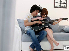 cute brunette nubile gets a internal cumshot during a guitar lesson