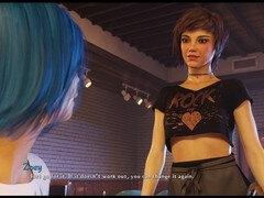 Blue-haired babe with big tits shares erotic stories while enjoying some PC gameplay