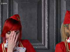 CFNM stewardess in uniform sucking and wanking pilot together