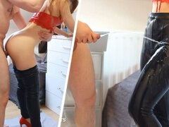 Amateur, Sucer une bite, Homme nu et filles habillées, Couple, Tir de sperme, Talons, Latex