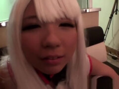 Cosplay babe cockriding while jerking dick