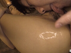Maki's Orgasmic Nuru Massage: hairy Japanese babe oiled up, massaged and fingered