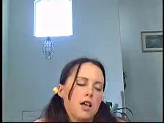 Cute brunette Rachel Hobbes with big boobs enjoys sitting on a hard cock and ride it