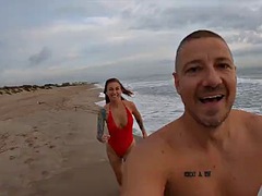 Real couple having fun at the nude beach. Sexy wet blowjob