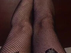Really Nice Legs with Tiny Feet and Long Sexy Toes Wearing Black Fishnet