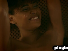 Curly ebony model shows perfect body