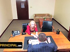 Stepmom Wendy Raine rubs her shaved pussy on the Principal's call and gets a surprise from him