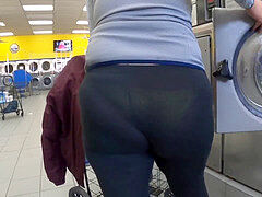 wifey doing laundry in see through leggings obvious yellow undies