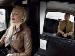 Tattooed blonde passenger licks and pounds bigboobs taxi driver in stockings and leather