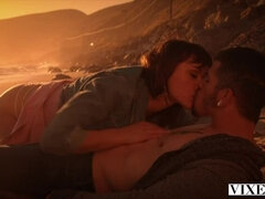 Plage, Brunette brune, Queue, Embrassement, De plein air, Chatte, Chevaucher, Nénés