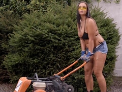 Curvy gardener seduces boss' husband who has big cock