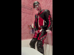 Leather Biker Kinkysirius Take a Shower in Motogear Fetish Outfit!
