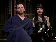 CFNM femdom leather tattoo babe pegs male ass with strapon