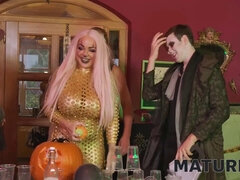 Watch this hot mature blonde cosplay as a granny and get a hot Halloween fuck