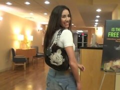 Busty brunette babe sucks and bangs in the hotel