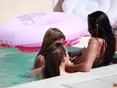 3 Gorgeous Lesbians playing with Toys Outdoors - Threesome by the pool with leggy babes