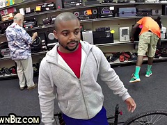 Black gay pawn fucked in warehouse threesome after blowjob