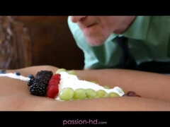 Latina sizzler Giselle Mari takes it all off and lets her man eat fruit off of her nude bod