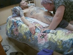 Stepson gets deep throat blowjob from stepmom and shoots his load while she watches