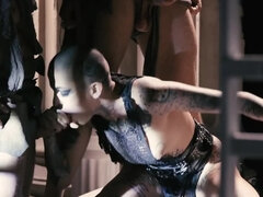 Bald babe is being banged in prison by a couple of horny blokes