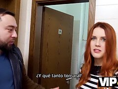 Watch as a hot redhead teen gets cuckolded by her wealthy friend in a public restroom