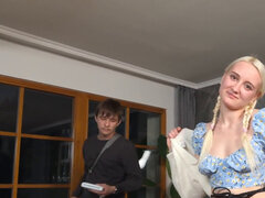 Horny blonde with nice boobs is riding a dick in front of hubby