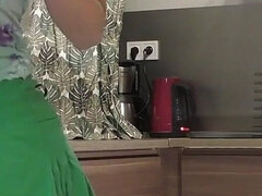 Big Tits Hot Petite Blonde New Wife in See Through Top Braless in the Kitchen Shows Pussy and Her Naked Big Ass