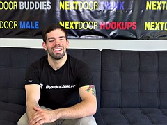 Casting stud with athletic body jerks cock on interview