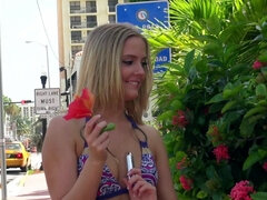 After walk lovely blonde returns home to play with sex toys