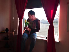 Crossdresser cums in the window