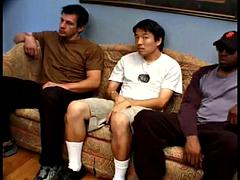 아시안, 큰 음경, 흑갈색 머리, 얼굴에, 갱뱅, 그룹, 하드코어, 다른 인종간의