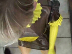 Kinky dude in a latex suit fucks his plump maid slave