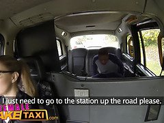 British blonde driver with massive tits gives lucky guy a blowjob in fake taxi back seat