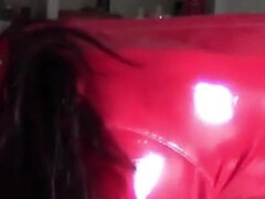 MILF in Red Latex Suit and Patent Leather High Heels Gives a Blowjob with Swallow