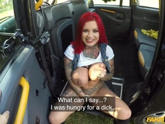 Red-Haired plus-size thickie guzzles in the taxi
