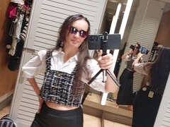 Milf Latina tries on lingerie in fitting room: big nipples, hairy booty, massive tits, long hair