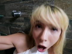 Young and innocent blonde is banging her big bloke in the shower