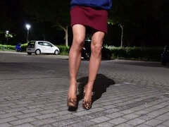 Sissy Pees Her Micro Thong in the Parking Lot with Real Nylons and Skyheels